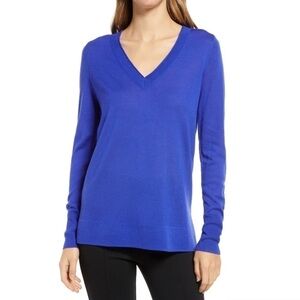 Halogen V-Neck Lightweight Merino Wool Blend Sweater in Royal Neon New With Flaw